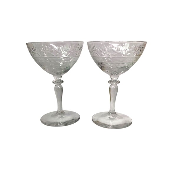Set of 2 Floral Etched Art Deco Crystal Cut Glass Cocktail Cordial Glasses - Picture 5 of 10